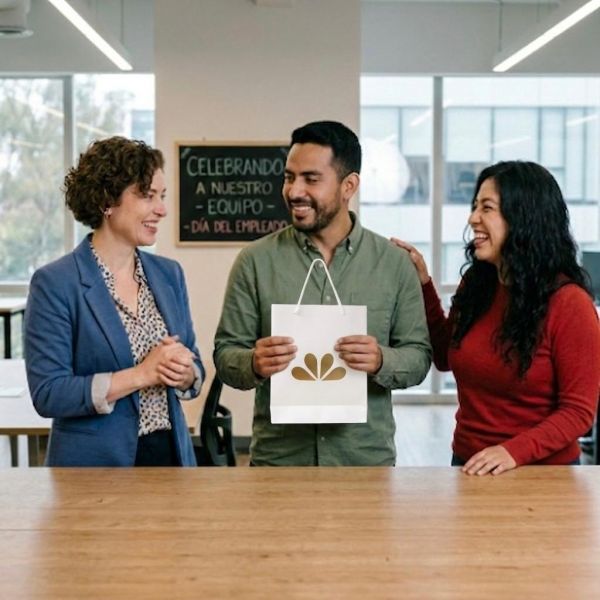 Empleado recibiendo un pack de experiencia como regalo corporativo